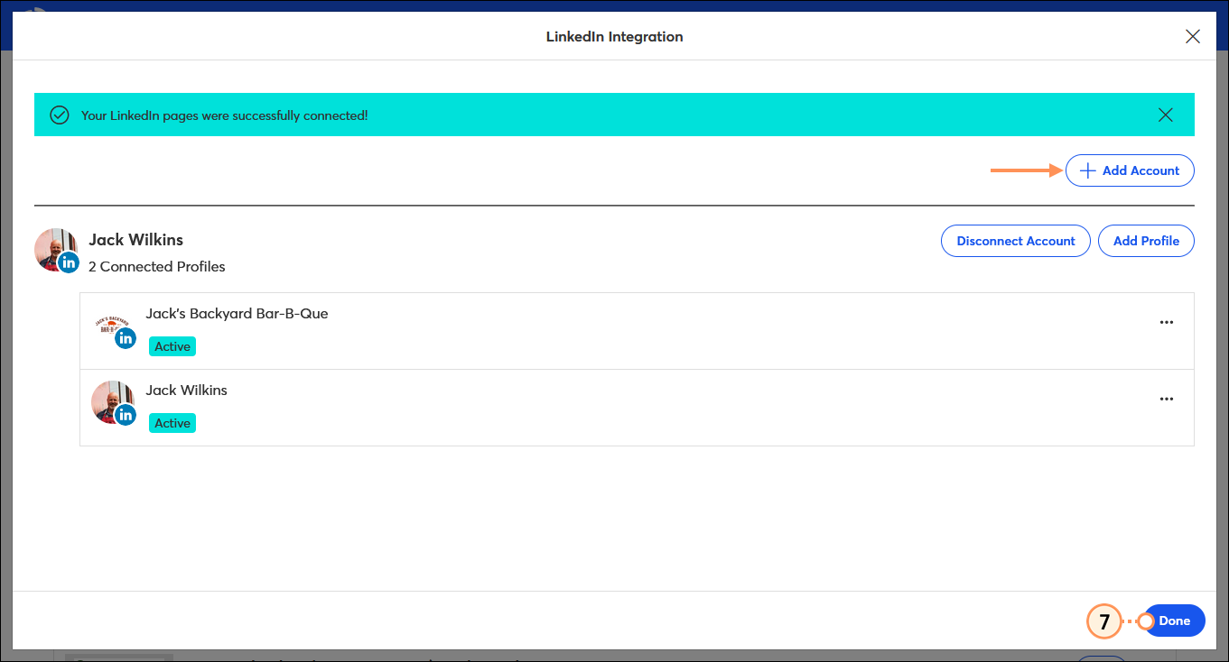 LinkedIn Integration overlay with account successfully connected message, +Add Account button, and Done button