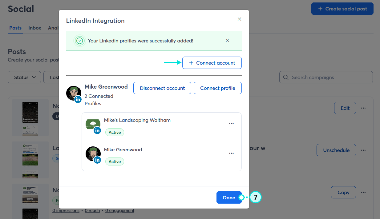 LinkedIn Integration overlay with connection success banner, + Connect account button, and Done button