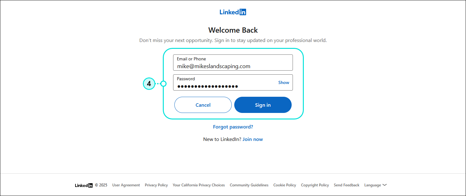 LinkedIn login page with Email or Phone field, Password field, and Sign in button 