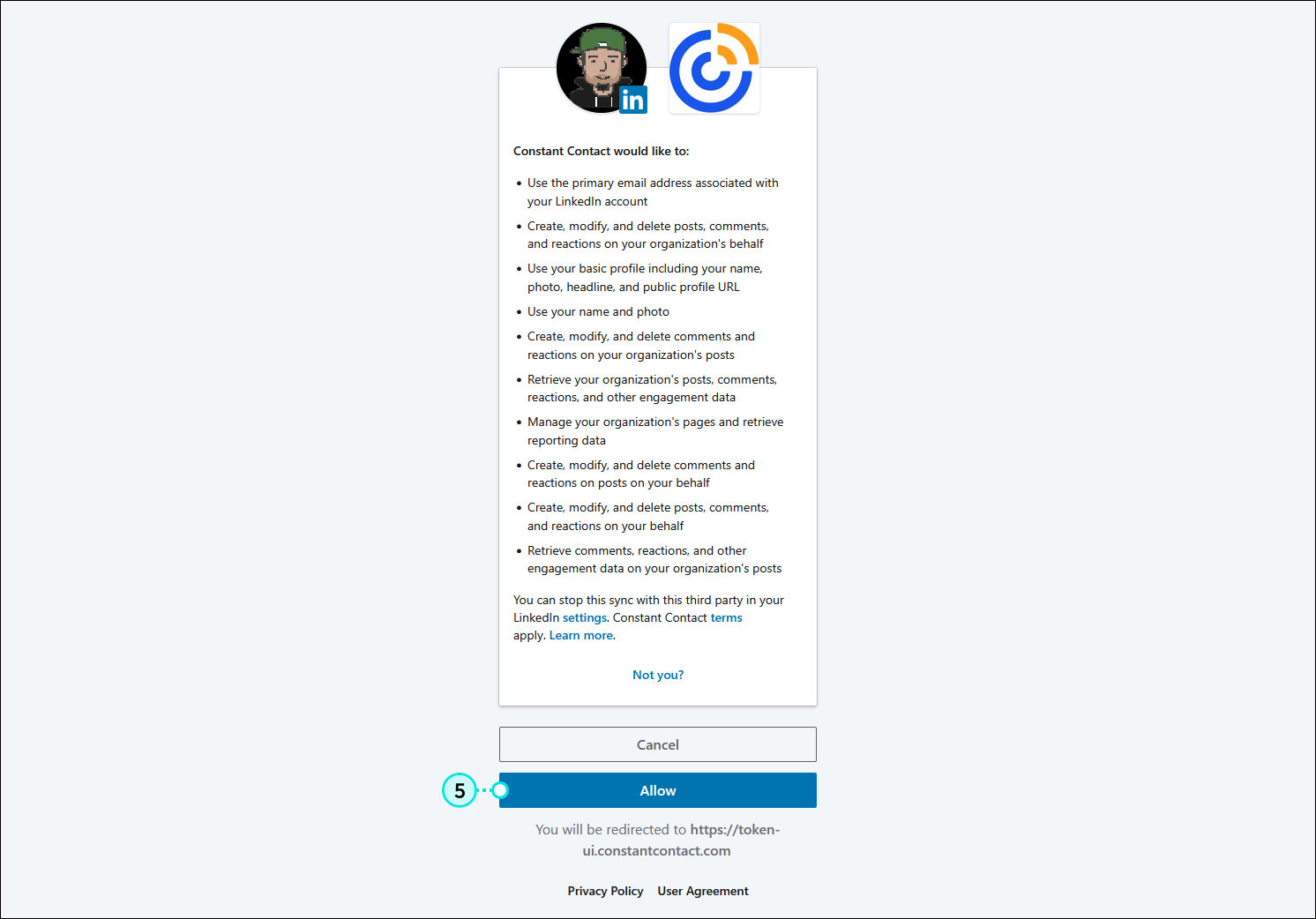LinkedIn permissions page with permissions list and Allow button