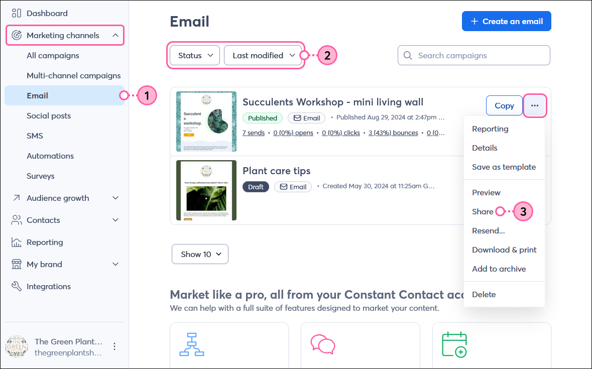 Marketing channels menu expanded with Email option selected, Email dashboard with Status and Sort by drop-down menus, Published email with menu expanded and Share option selected