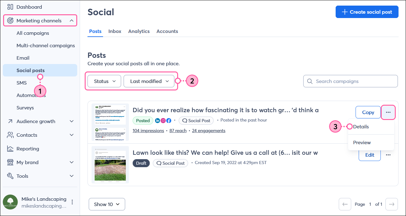 Marketing channels menu expanded with Social posts option selected, Social dashboard with Posts tab selected, Status drop-down menu and Sort By drop-down menu, and Posted social post with menu expanded and Details option selected