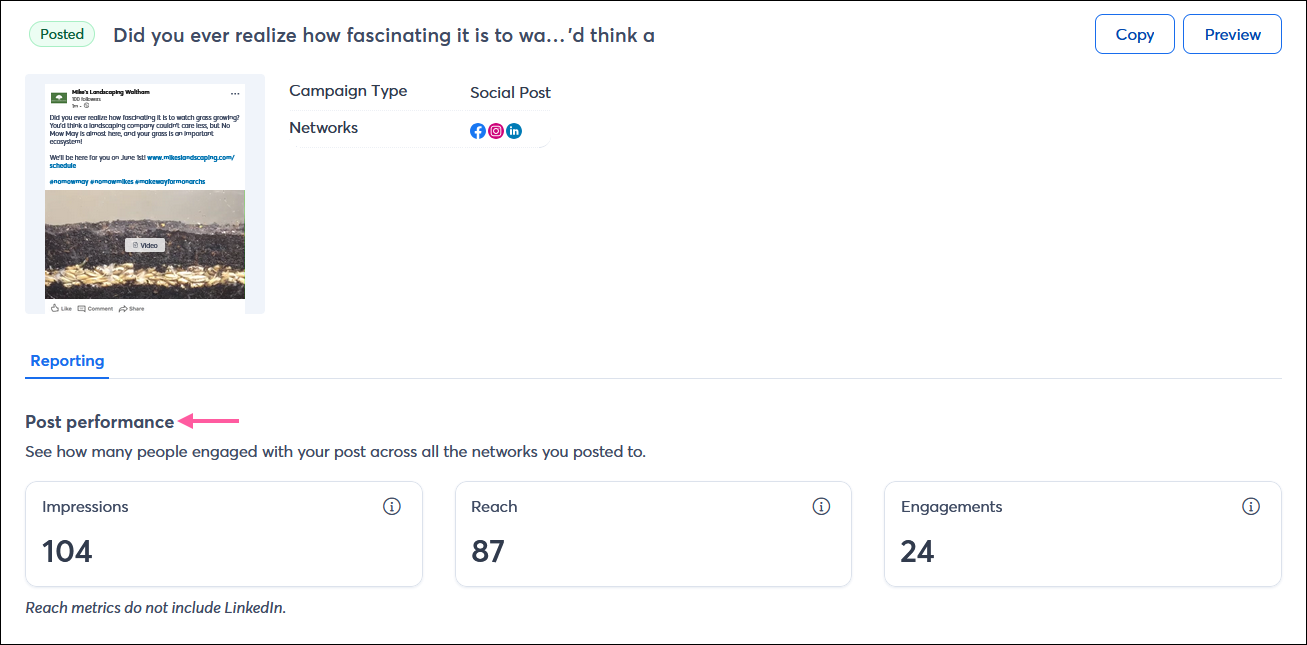 Social post details page with Reporting tab selected, Post performance section with Impressions, Reach, and Engagements metrics