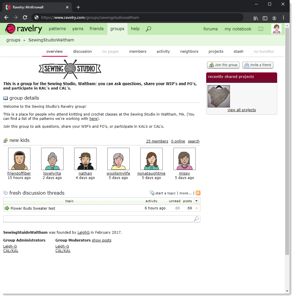 Ravelry Group Page After Signup and Login Prompts