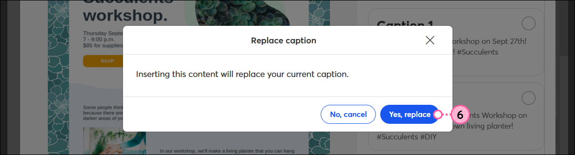 Replace caption overlay with Yes, replace button