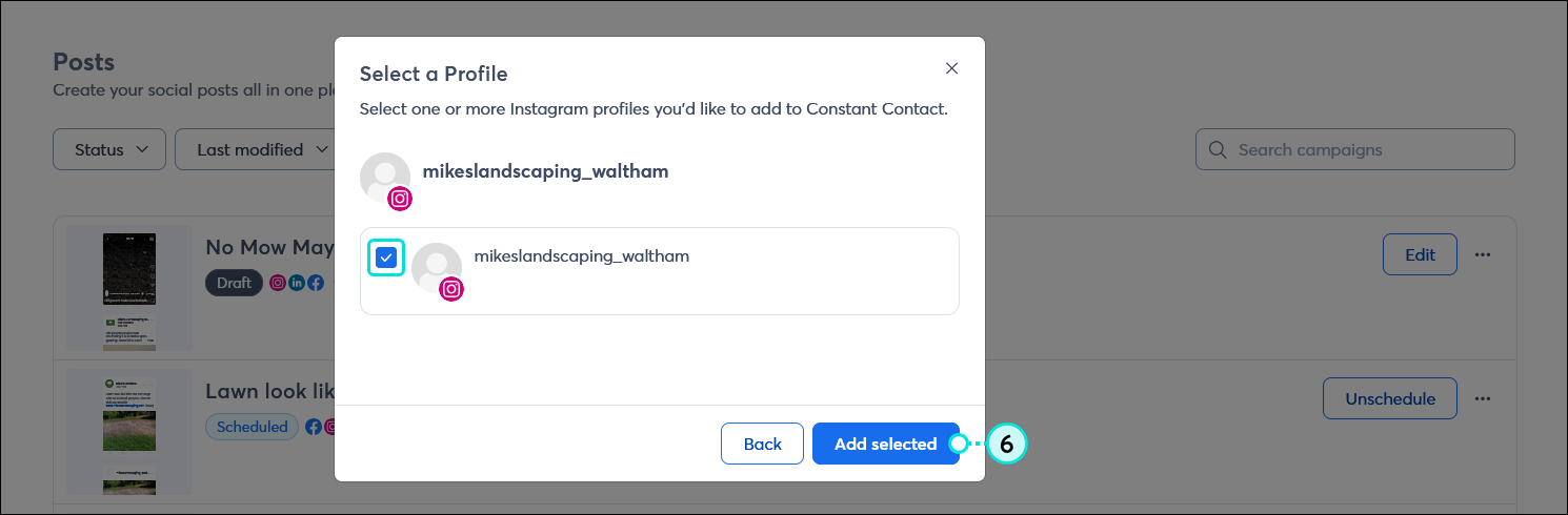 Ventana superpuesta Select a Profile (Seleccionar un perfil) con un perfil empresarial de Instagram seleccionado y botón Add selected (Añadir seleccionados)