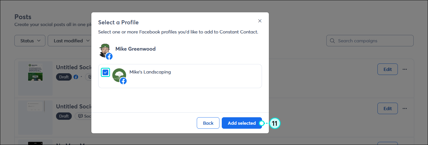 Select a Profile overlay with Facebook page selected, and Add selected button