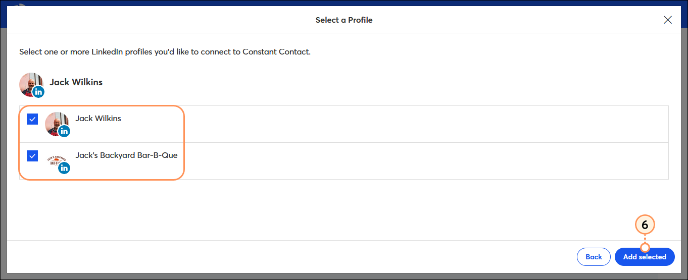 Select a Profile overlay with LinkedIn personal profile and Company Page selected, and Save button