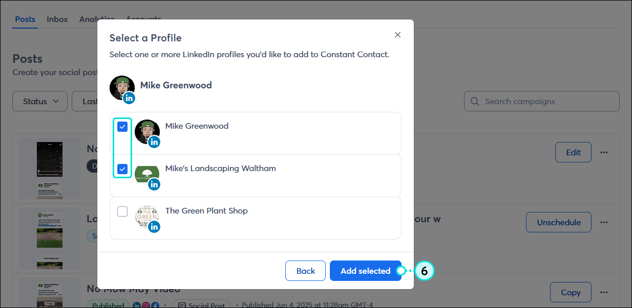 Select a Profile overlay with LinkedIn profile and organization page selected, and Add selected button