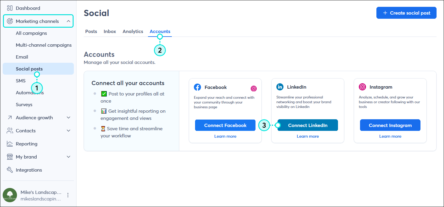 Marketing channels menu expanded with Social posts option selected, Social dashboard with Accounts tab selected, and Accounts options with LinkedIn tile and Connect LinkedIn button