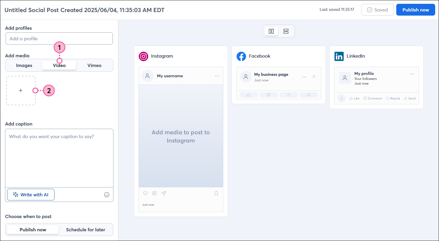 Social post editor with Add media section, Video option selected, and Add button Create post overlay with Add media section and Video option selected, and Add button