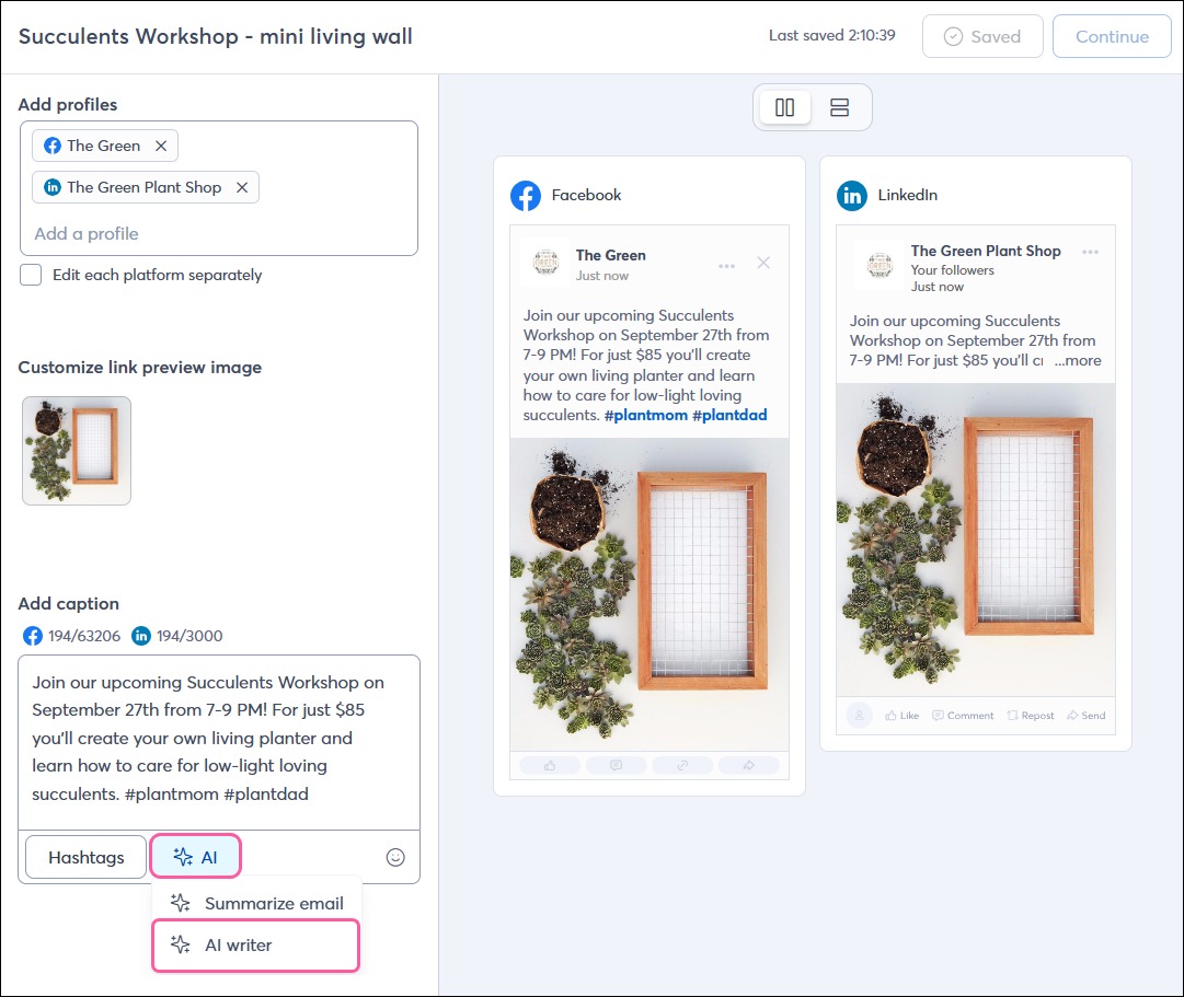 Social Post editor, Post caption field, AI drop-down, and AI Writer option