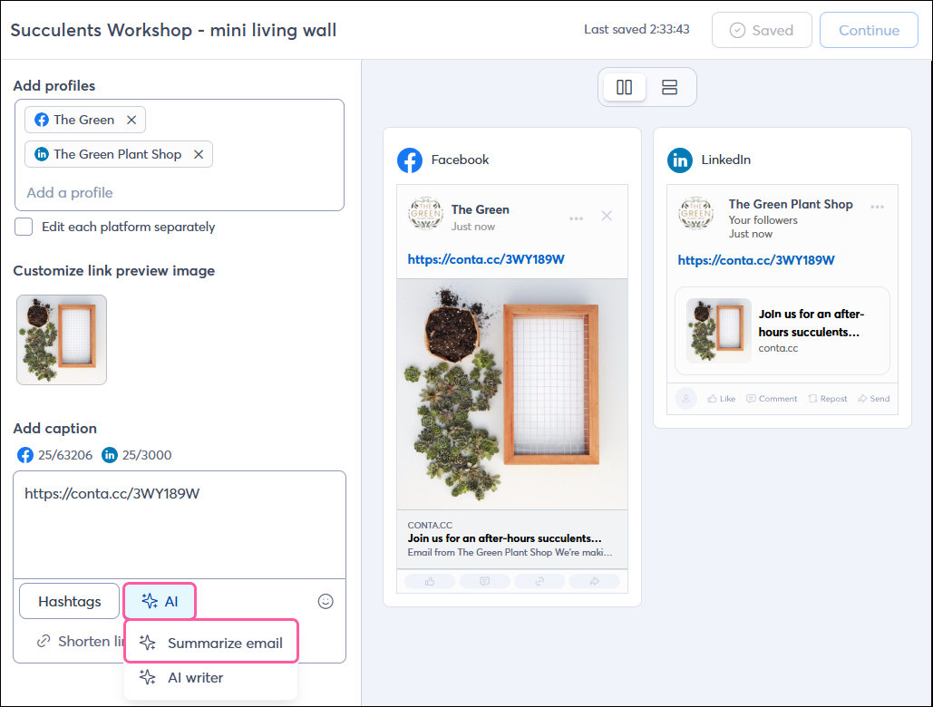 Social Post editor, Post caption field, AI drop-down, and Summarize Email option