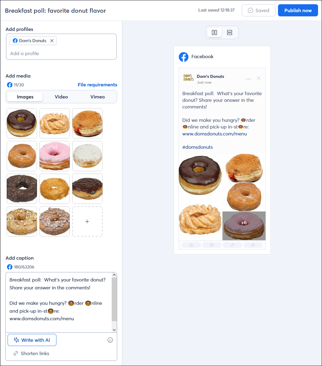 Social post editor with example Facebook post with multiple images and URL, and preview that displays all of the caption text content and includes a + button to view all of the images