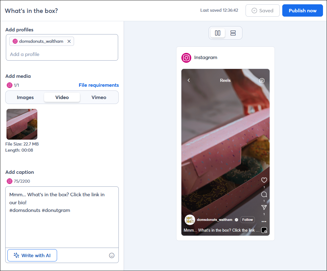 Social post editor with example Intagram post with short-form video and hashtags, and post preview that truncates the caption text and includes a "..." option to view the rest of the content