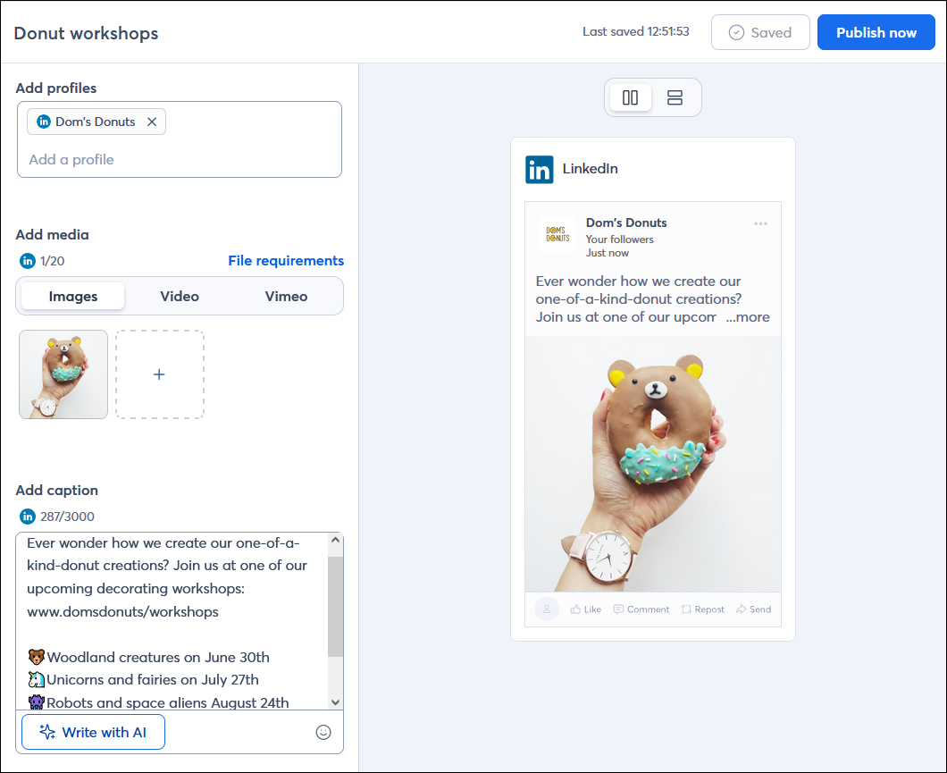 Social post editor with example LinkedIn post with URL, and post preview that truncates the caption text and includes a "...more" option to view the rest of the content