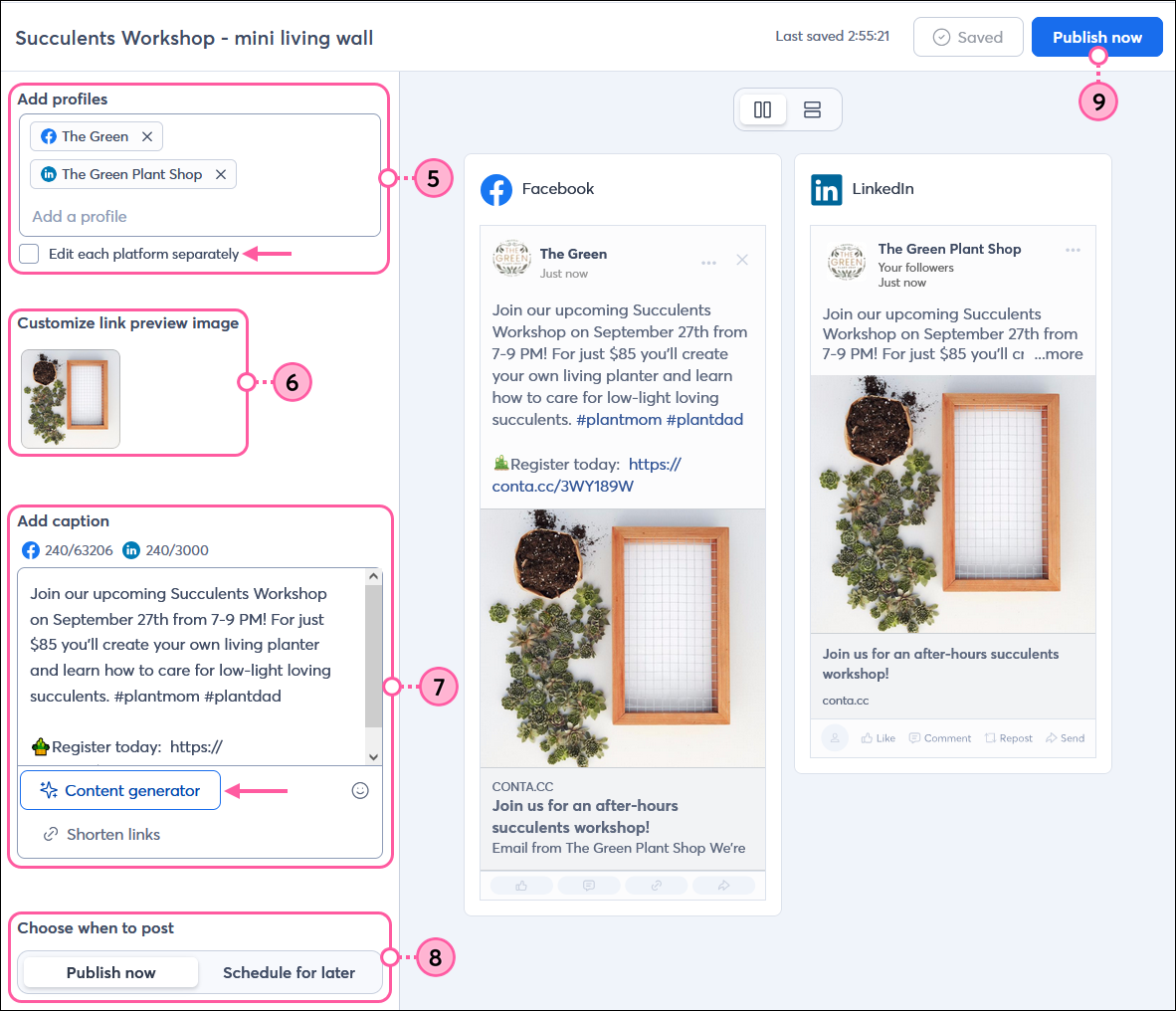 Social post editor with Add profiles options and Edit each platform separately option, Customize link preview image option, Add capation option with Content generator button, Choose when to post options, and Publish now button