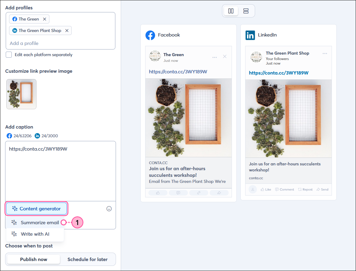 Social post editor, Add caption section with Content generator menu expanded and Summarize with email option selected