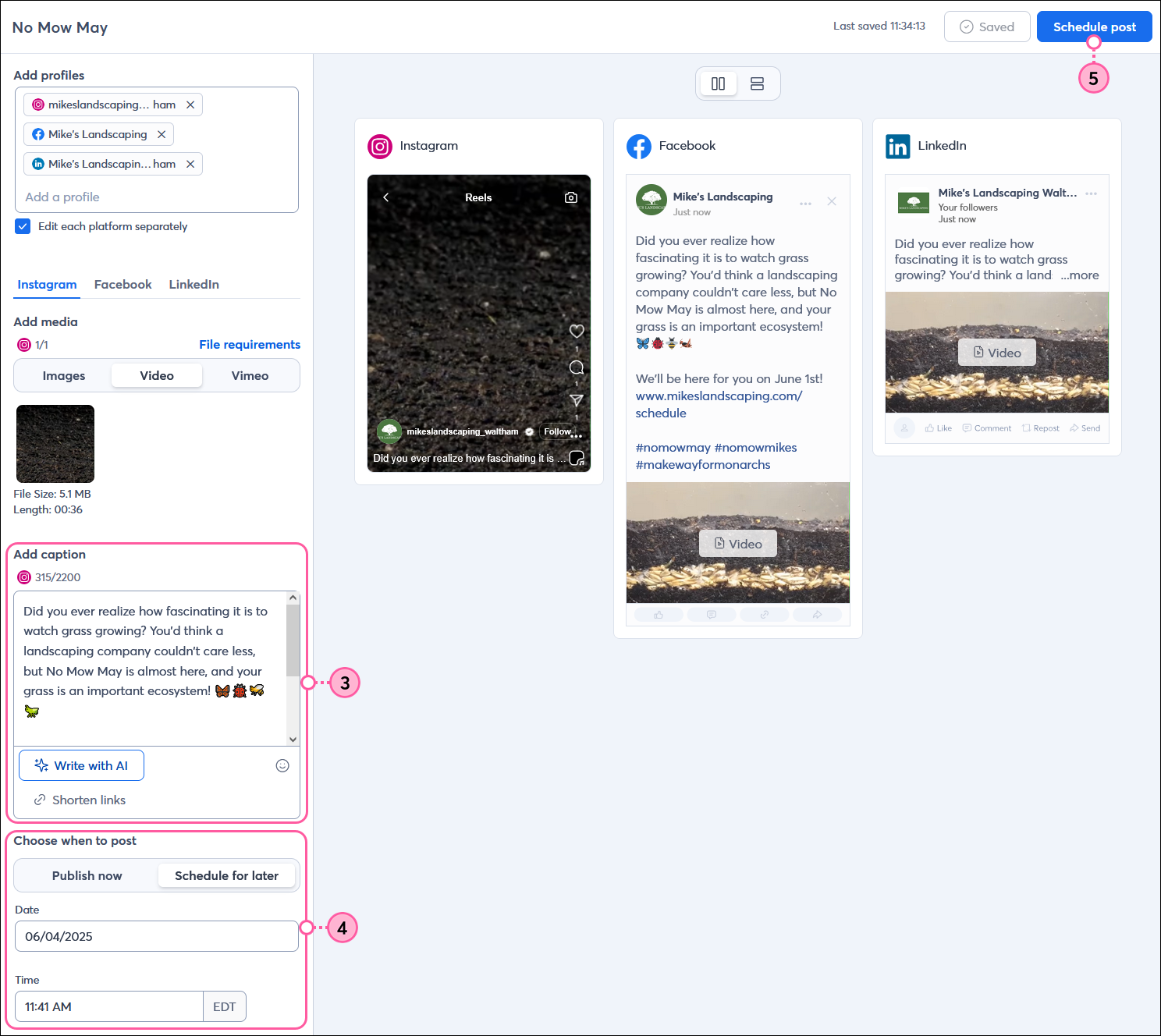Social post editor with social profiles selected, post variations enabled with video, emojis, and hashtag variations, and Schedule post button