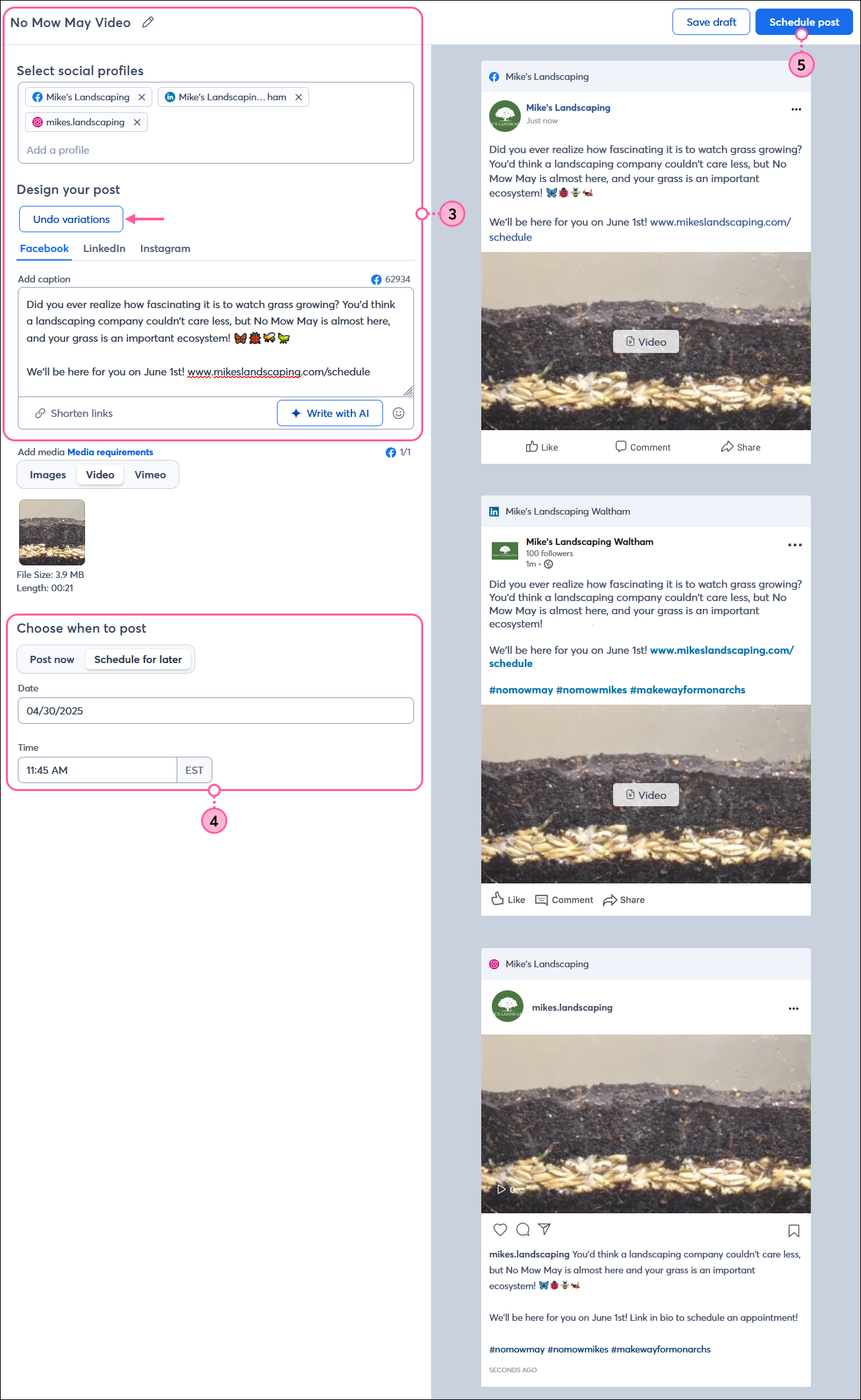 Ventana superpuesta Create post (Crear publicación) con perfiles de redes sociales y videos seleccionados, variaciones de publicación activadas con variaciones de emojis y hashtags, y botón Post now (Publicar ahora)