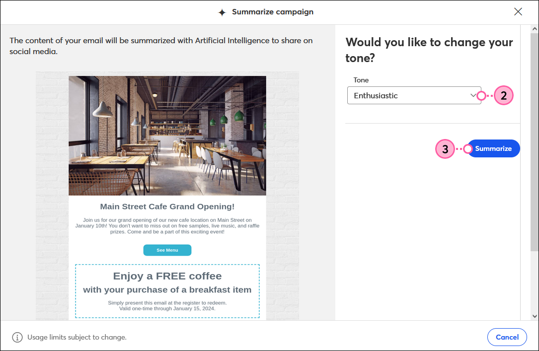 Social Post Tone drop-down and Summarize button