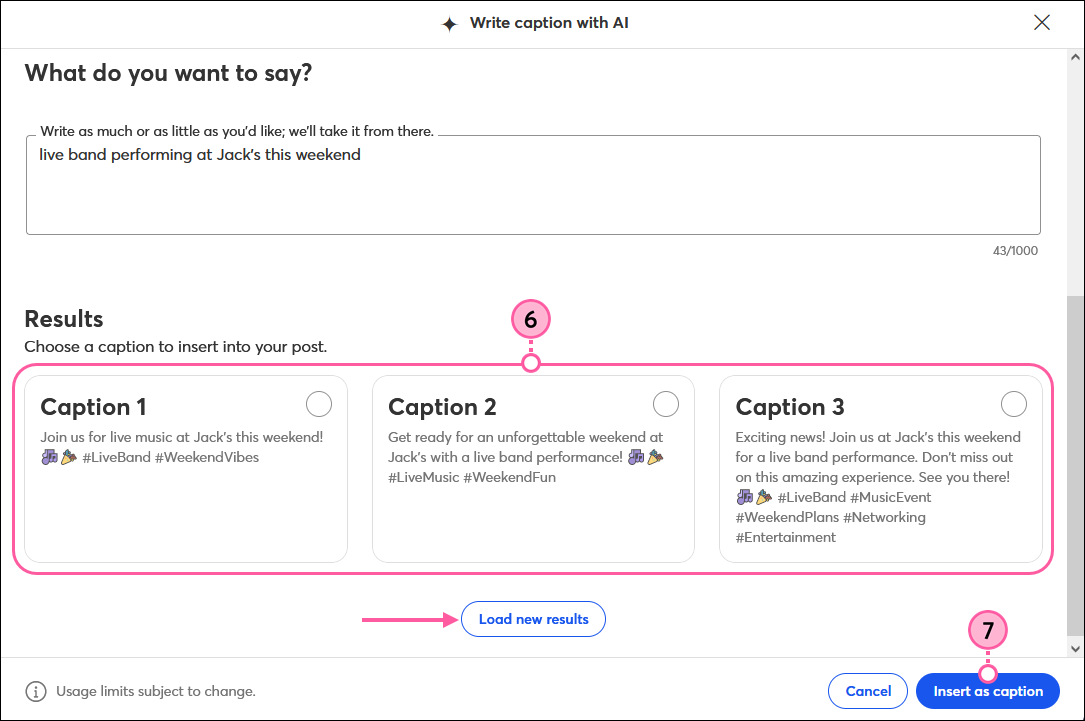 Social Post AI Content Generator, Caption options, Load New Results button, and Insert as Caption button