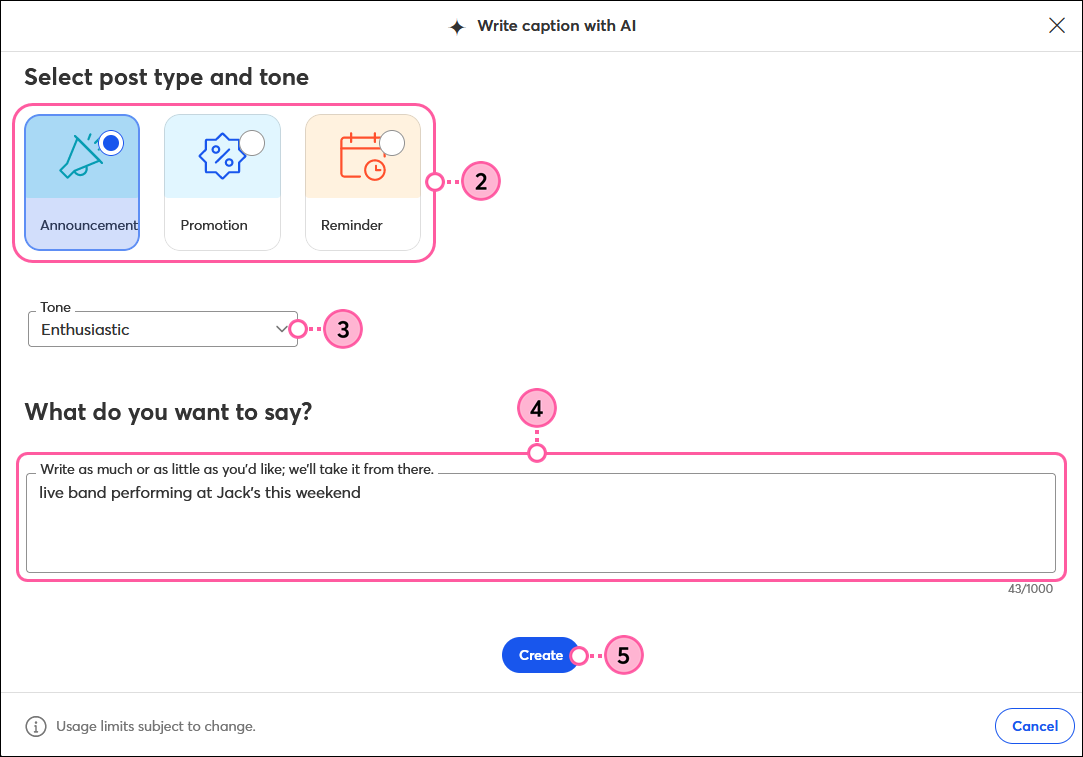 Social Post AI Content Generator, Post type options, Tone drop-down, Details field, and Create button