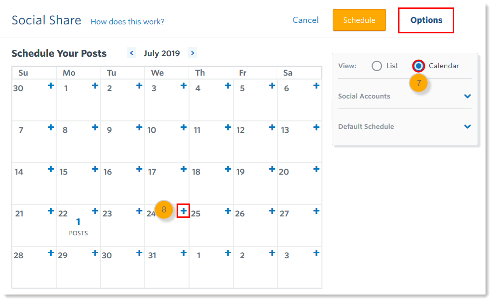 Options Link, Calendar Options, Add Post Icon