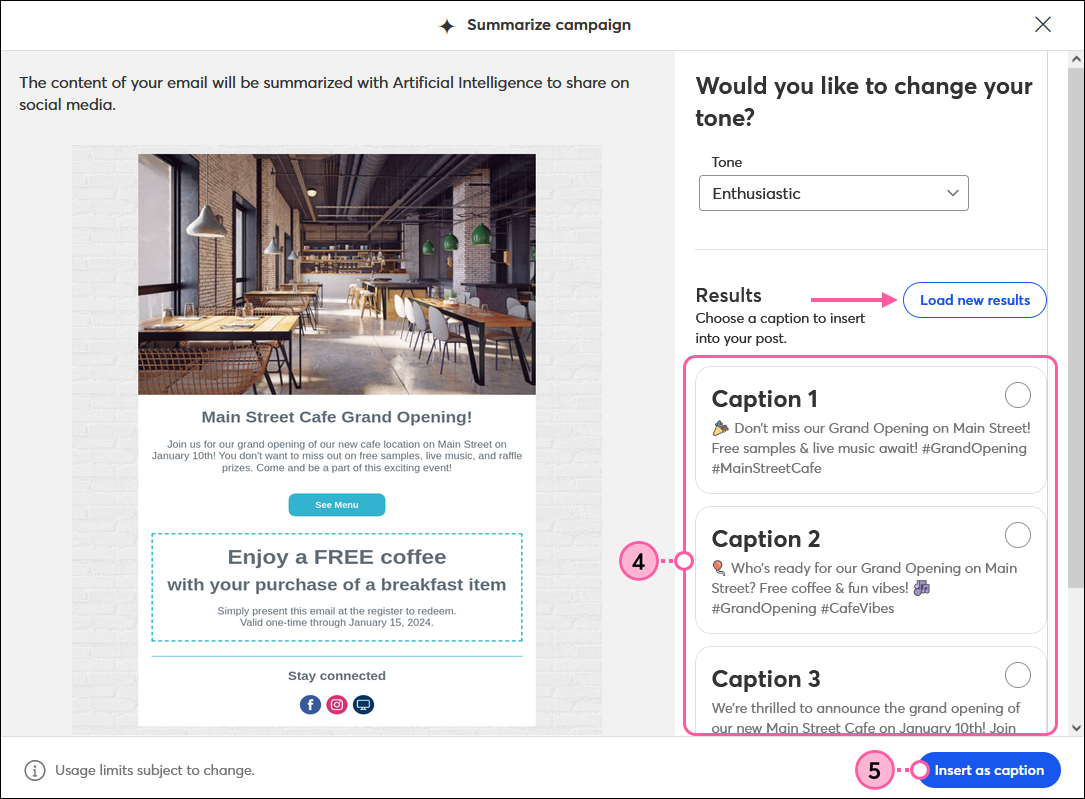 Generated captions, Load New Results button, and Insert as Caption button