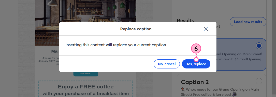 Replace Caption confirmation and Yes Replace button