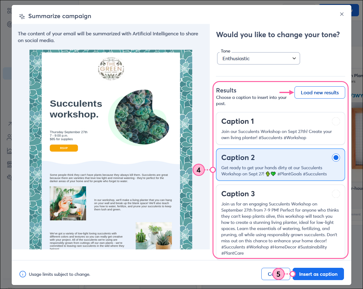 Summarize campaign overlay with result options and Insert as caption button