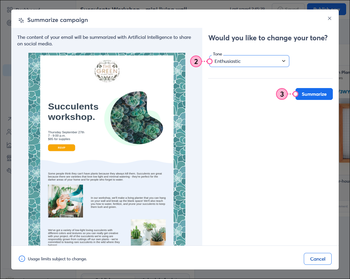 Summarize campaign overlay with Tone drop-down menu and Enthusiastic option selected, and Summarize button