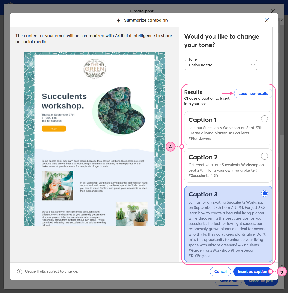 Summarize campaign overlay with result options and Insert as caption button