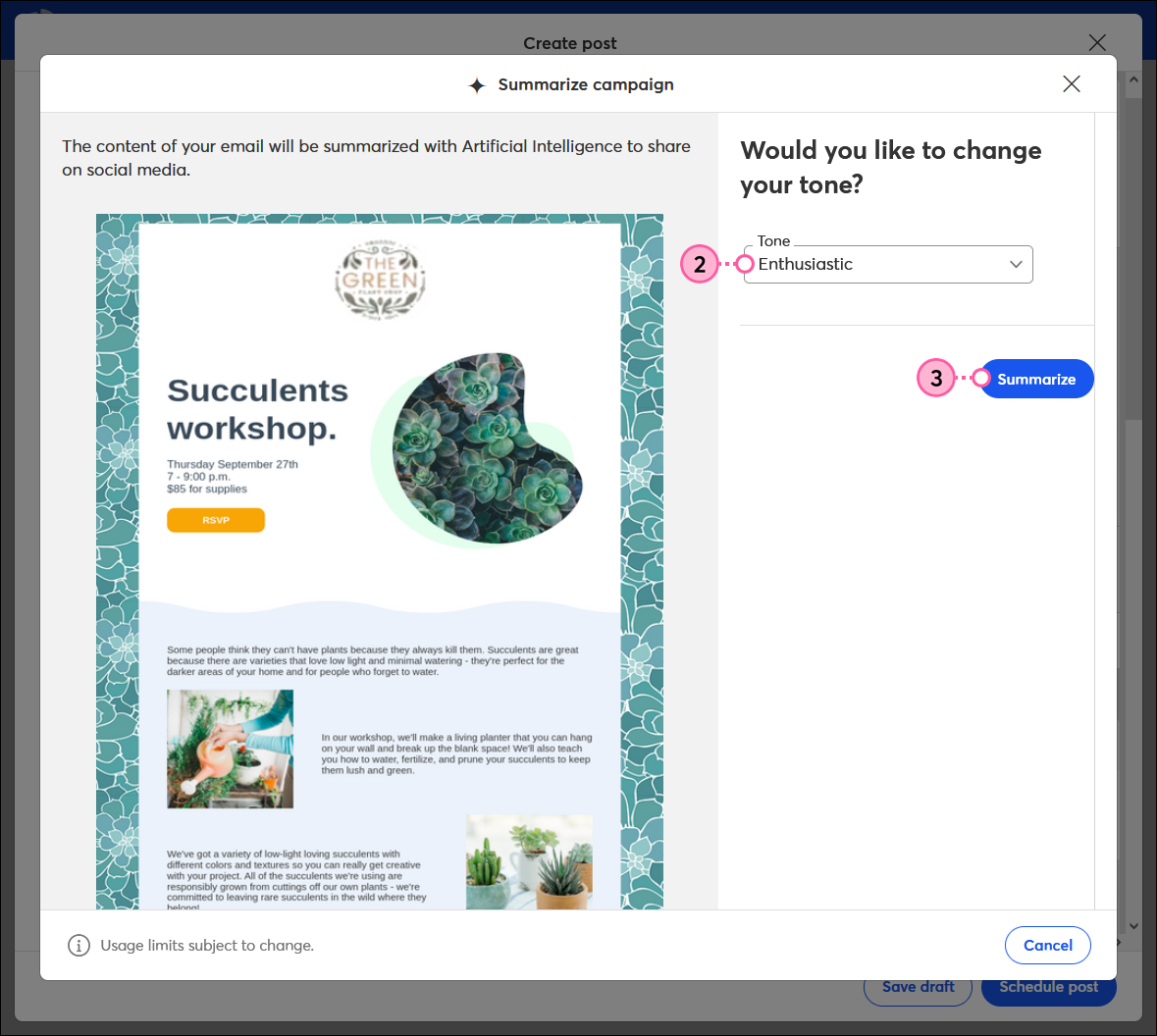 Summarize campaign overlay with Tone drop-down menu and Enthusiastic option selected, and Summarize button