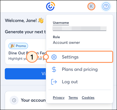 Account dropdown menu Settings option