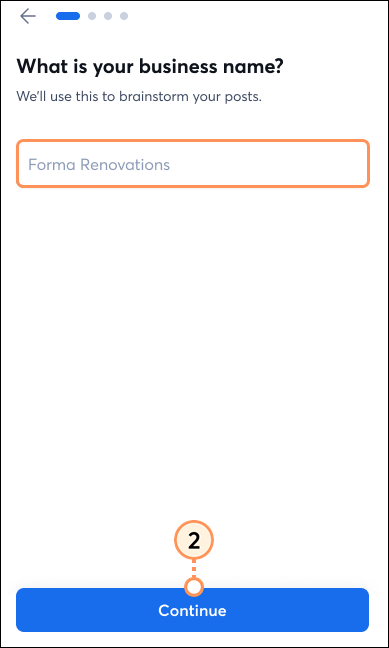Business name and continue button