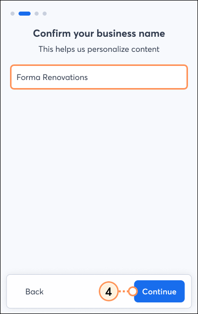 Business name and continue button