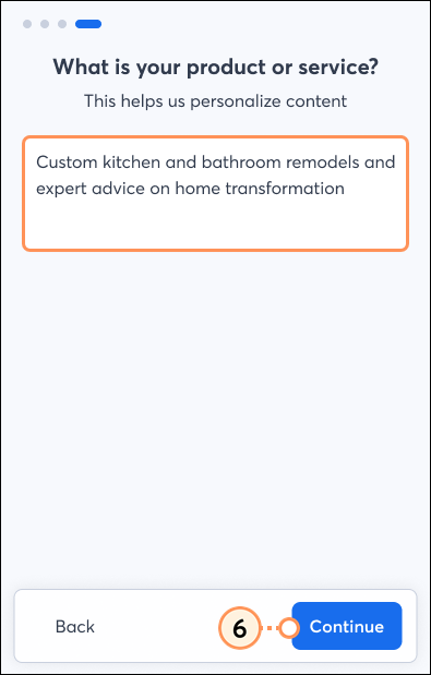 Business details text field and continue button