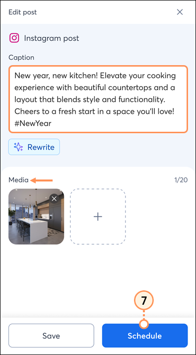 Caption box, media, save or schedule
