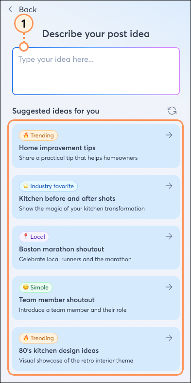 Enter prompt into box or select idea from list