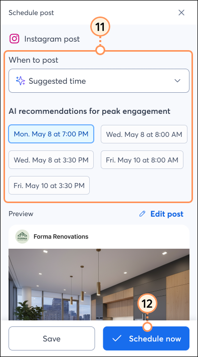 List of suggested times and Schedule post button