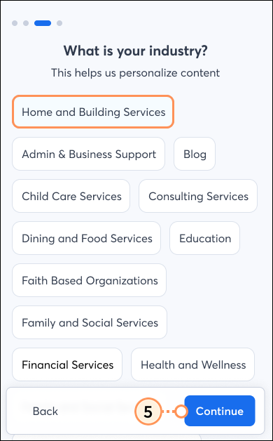 Industry list and continue button
