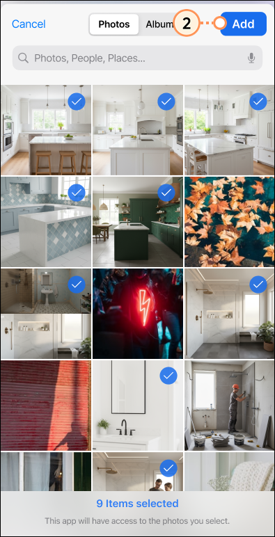 Checkmarked images and add button
