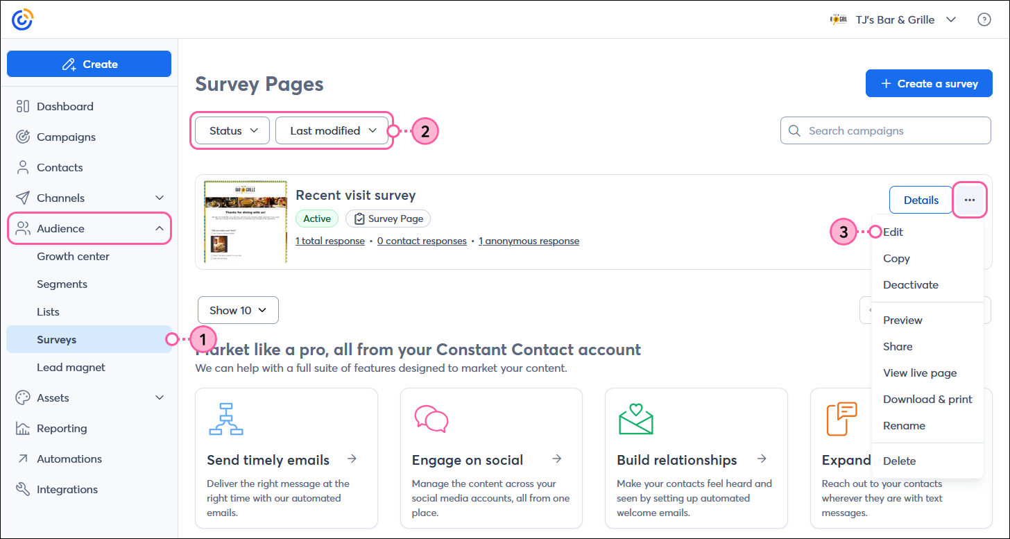 Audience menu expanded with Surveys option selected, Survey Pages dashboard with STATUS and SORT BY drop-down menus, Active survey with menu button expanded and Edit option selected