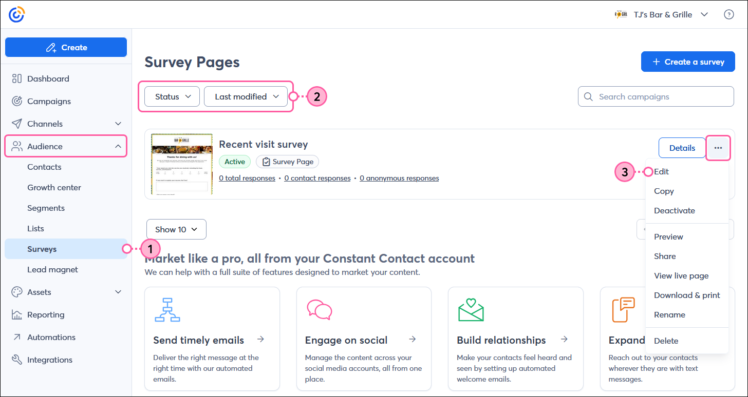 Audience menu expanded with Surveys option selected, Survey Pages dashboard with STATUS and SORT BY drop-down menus, Active survey with menu button expanded and Edit option selected