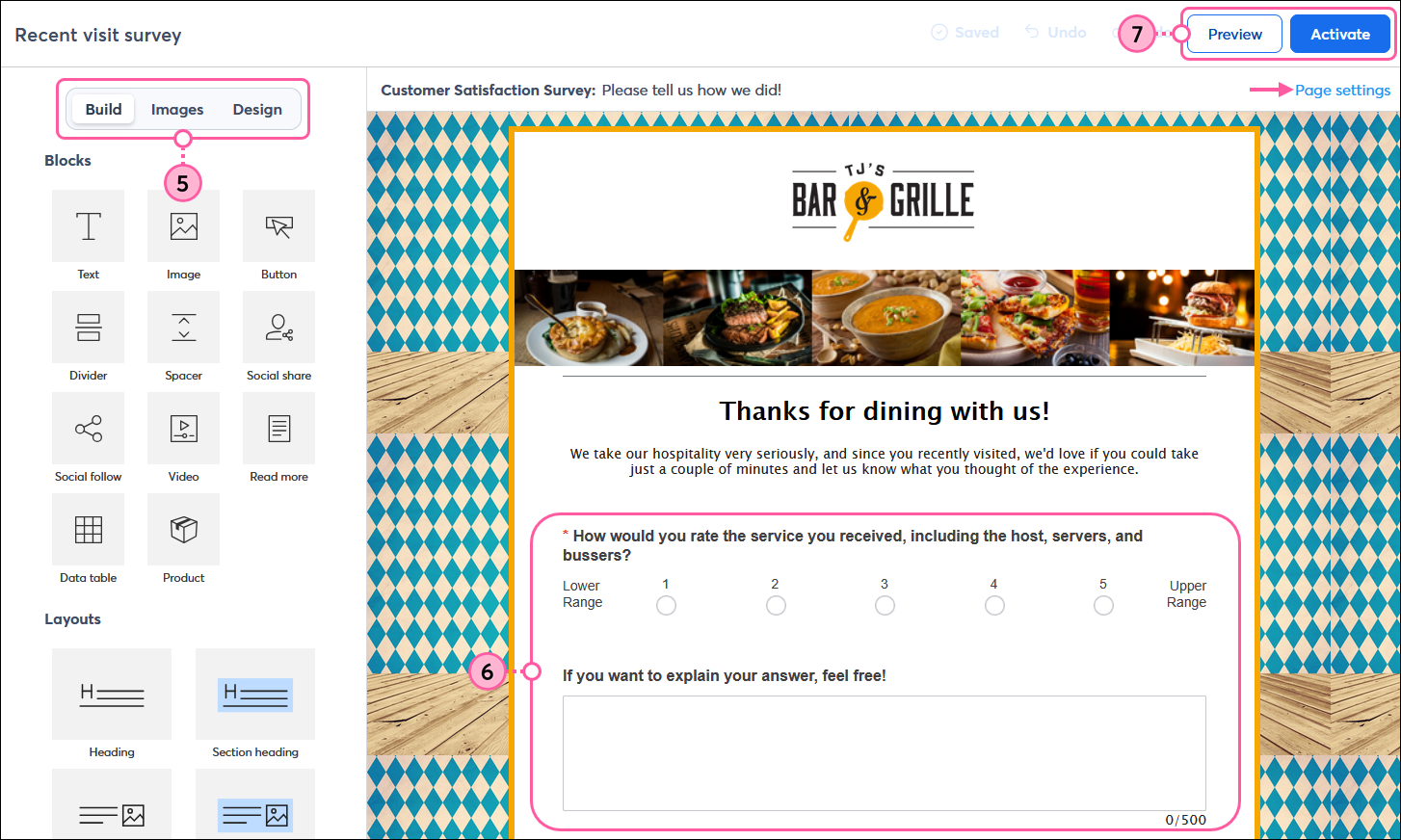 Survey Page editor with Build tab selected, Page settings option, Survey Question block, and Preview and Activate buttons