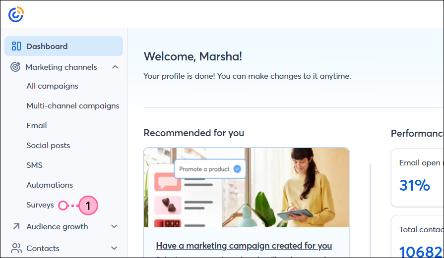 Marketing channels drop-down with Surveys option