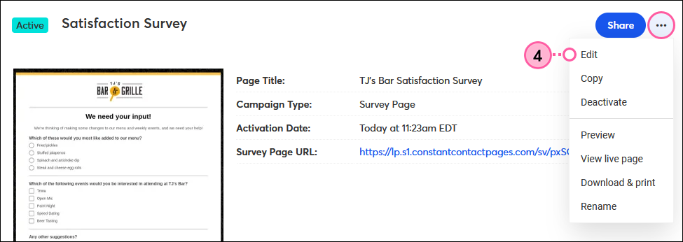 Active Survey Page details page with More drop-down and Edit option