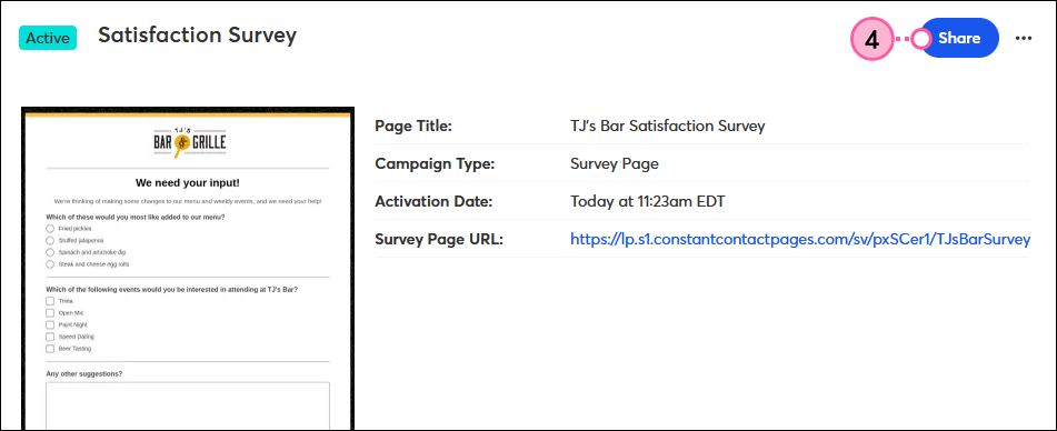 Página con detalles de Survey Page (Página de encuesta) con botón Share (Compartir)