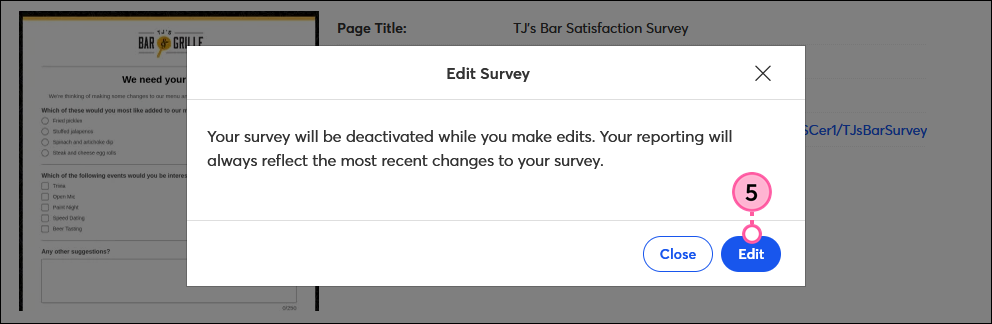 Edit Survey confirmation message with Edit button
